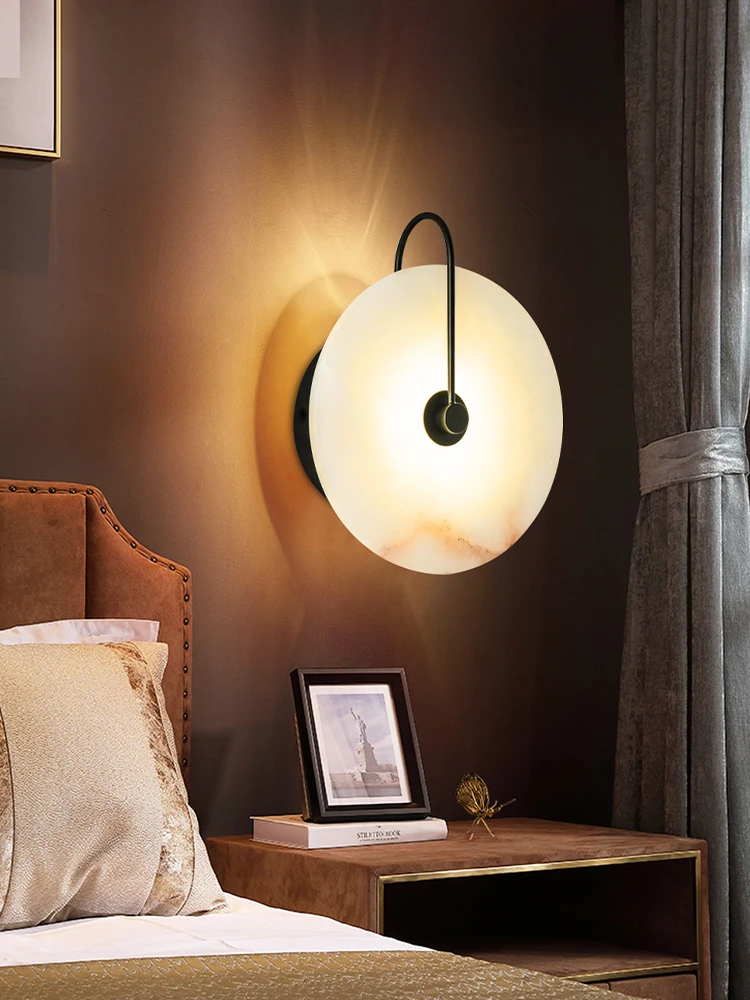 Applique murale Led moderne en marbre, ronde en pierre, luminaire doré pour chambre à coucher, décoration de maison, chambre à coucher, chevet, intérieur