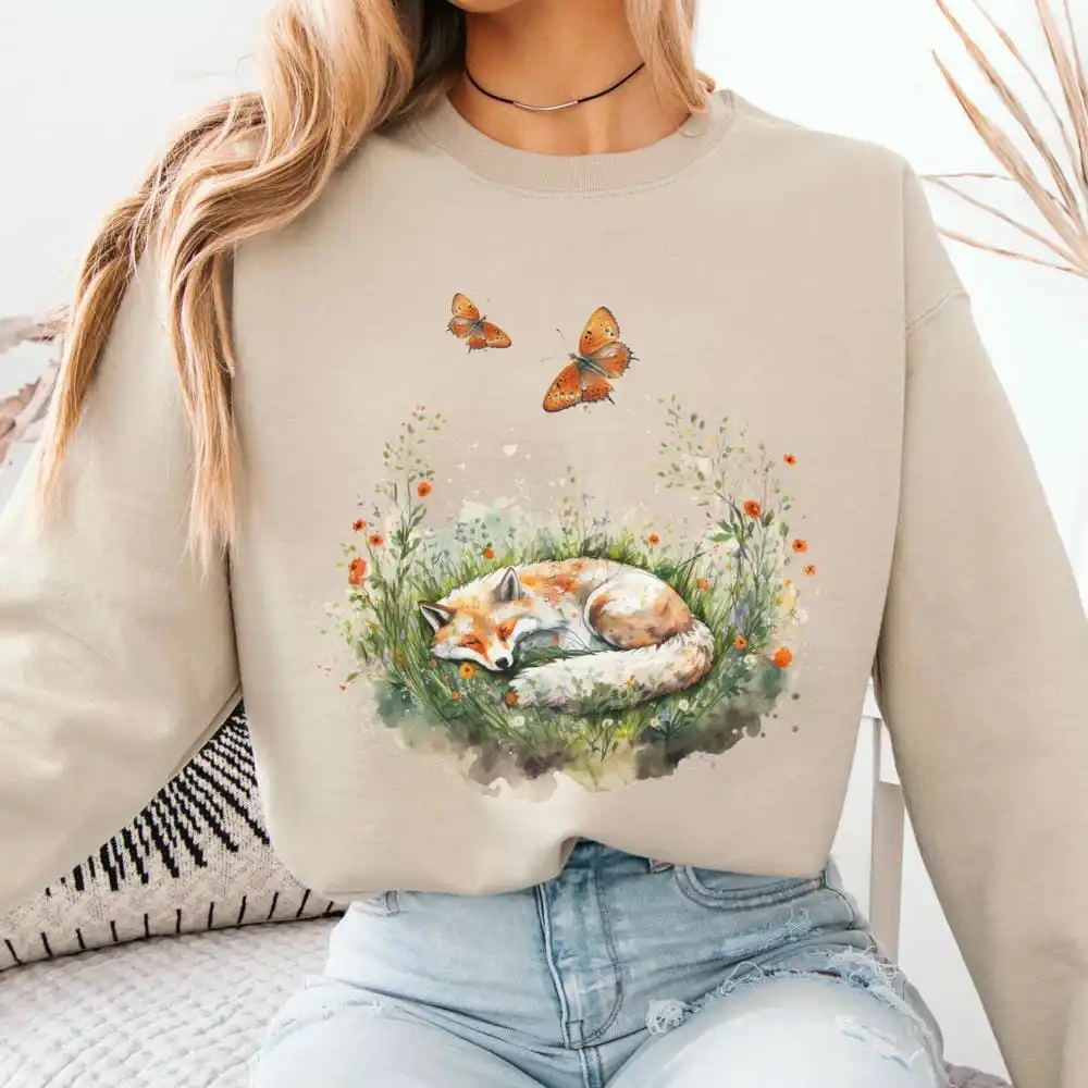 เสื้อสเวตเชิ้ตแขนยาวลายสุนัขจิ้งจอกน่ารักสไตล์คอทเทจคอร์ ผ้าฟลีซนุ่มสบาย แนววินเทจ ตลก ทันสมัย สไตล์ลำลอง Y2K เสื้อสตรีทแวร์