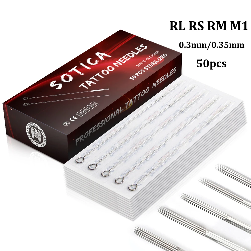 Sotica 50 stücke Tattoo Nadeln Einweg Sterile 0.3/0,35mm Standard RL RS RM M1 Tattoo Nadeln für Make-Up tattoo Maschine Liefert