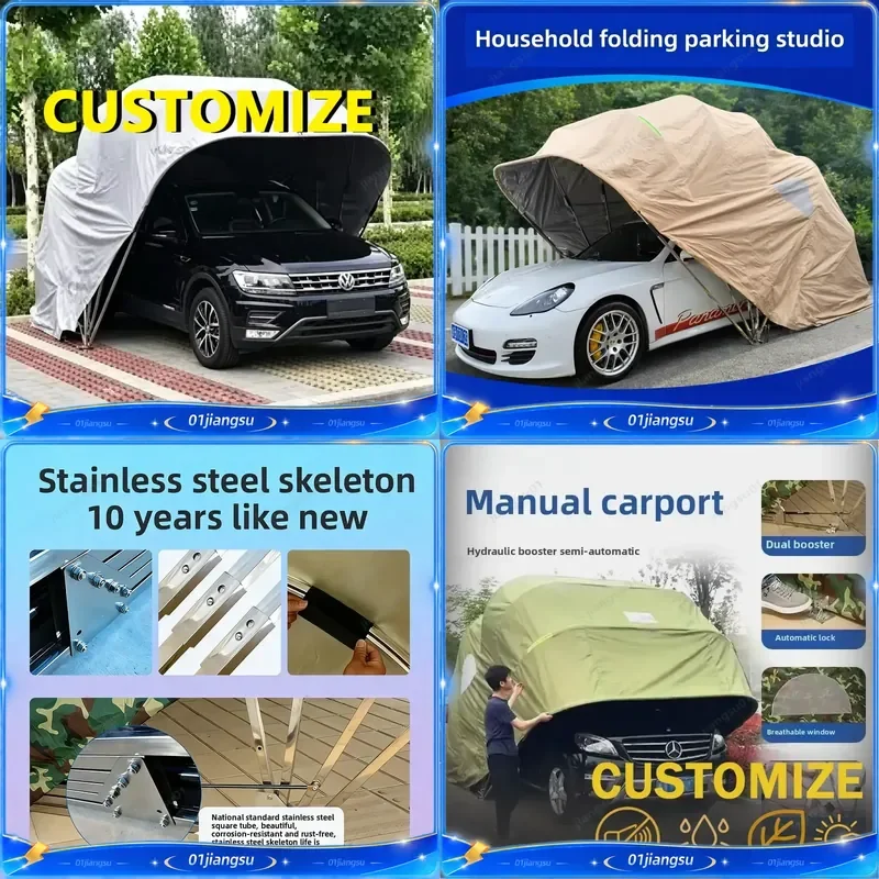 Custom Size Automatic Folding Carport Waterproof Sunshade Mobile Garage Outdoor Parking Shelter Durable Oxford Fabric UV