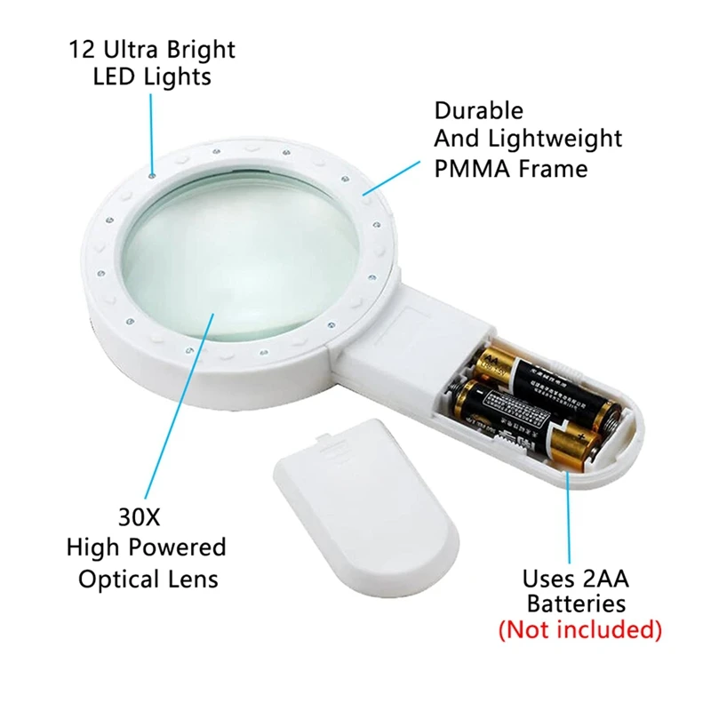 Hand-Held 30X High Magnification Magnifier With 12 LED Lamp Beads Is Suitable For The Elderly To Read Easy To Use