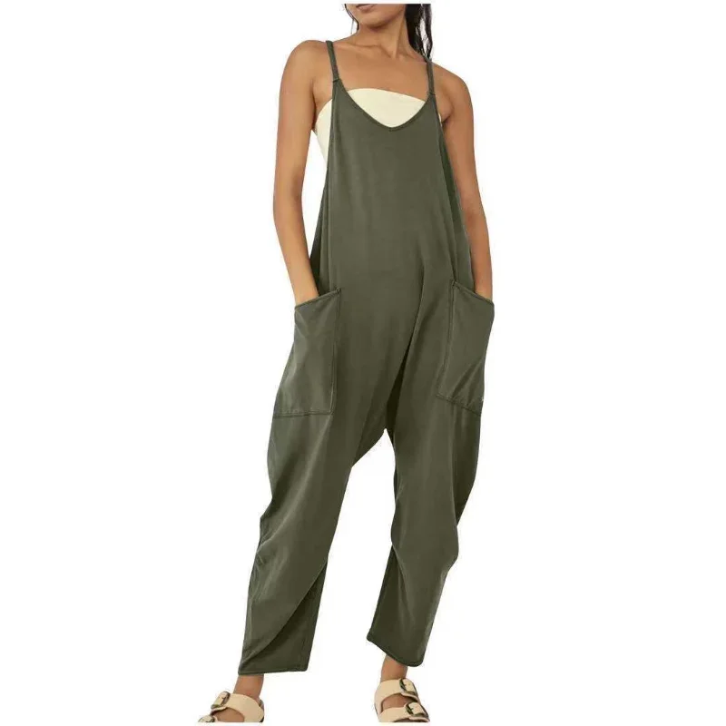 Women Casual Jumpsuit Summer Solid Loose Wide Leg Pants Bib Overalls Fashion Pocket Sleeveless Strap Baggy Streetwear Rompers