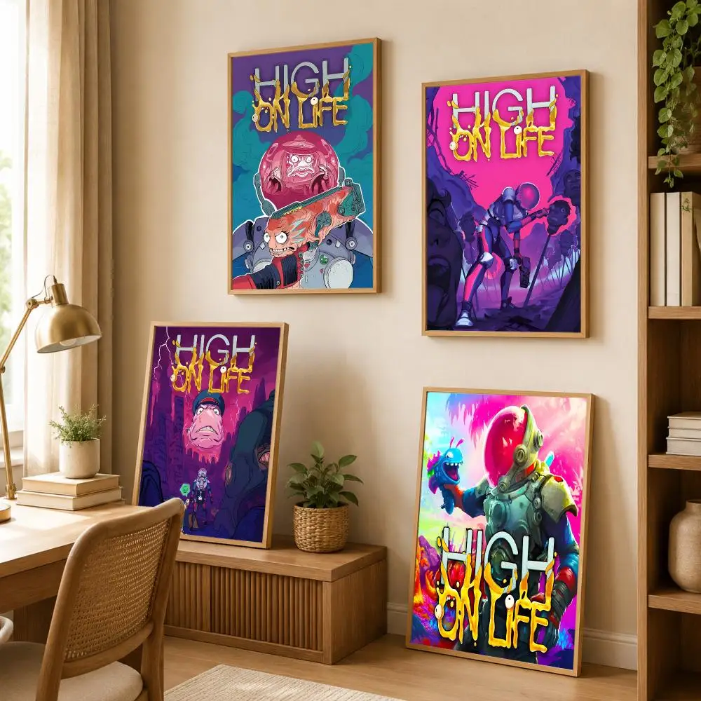H-High On Life Poster Modern Art Wall Stickers HD Painting Self Adhesive Wall Decals for Bedroom Living Room Home Decor