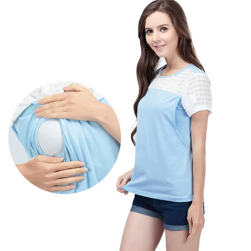 

Summer Maternity Clothes Nursing Breastfeeding Clothes Tops for Pregnant Women Blue Short Sleeve Postpartum Lactation T-shirt