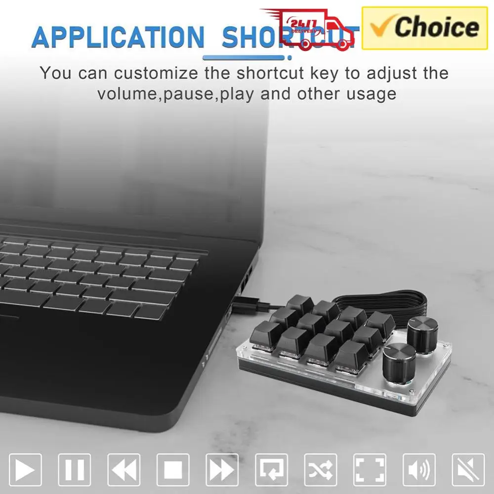 12 Key 2 Knob Programming Macro Knob Keyboard Bluetooth/Wired One Handed Mechanical Game Keypad Hotswap Red Switch for Designers