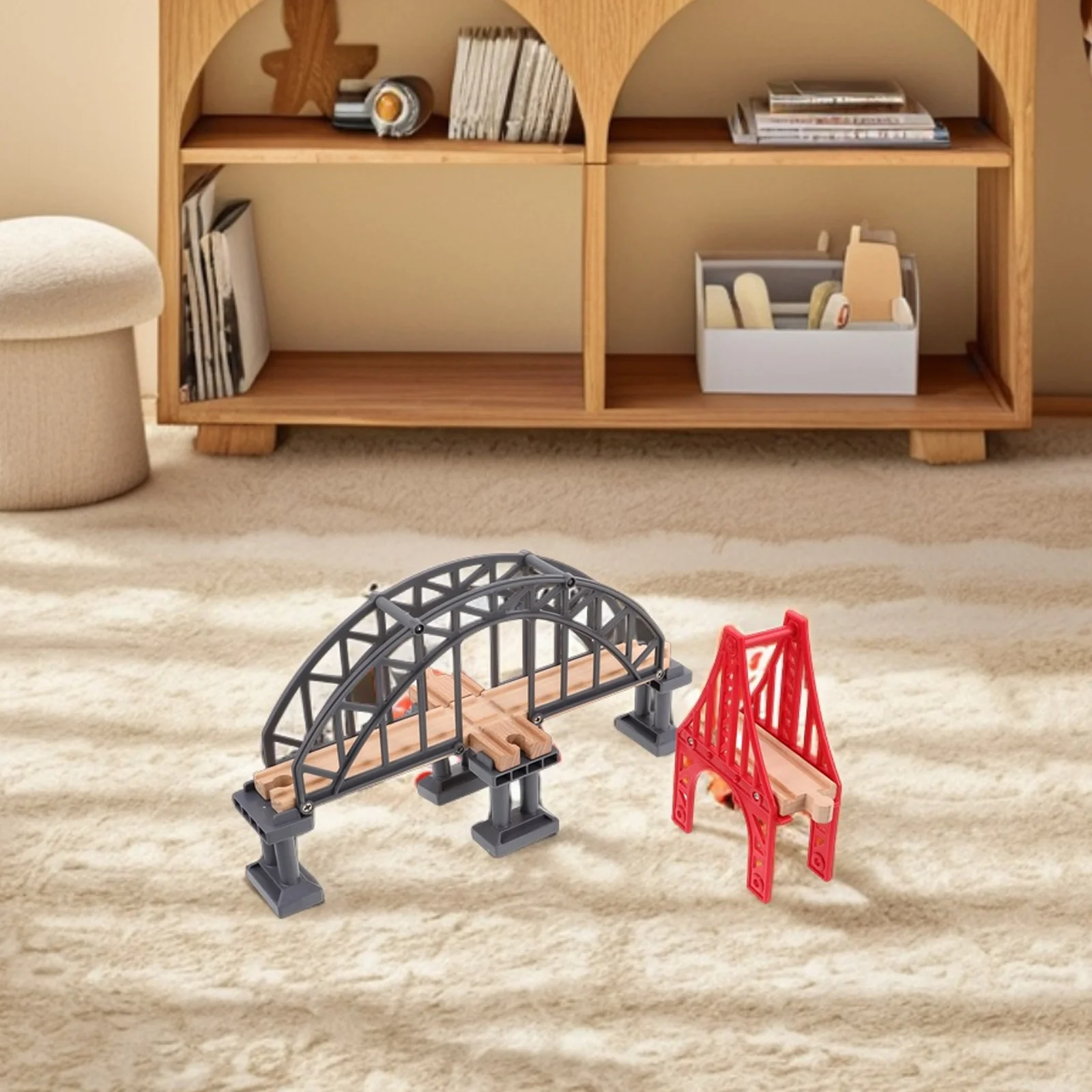 

2Pcs Wooden Suspension Train Railway Bridge Track Layout Scene Accessory Play Expansion Supply Fun Train Track Suspension Bridge