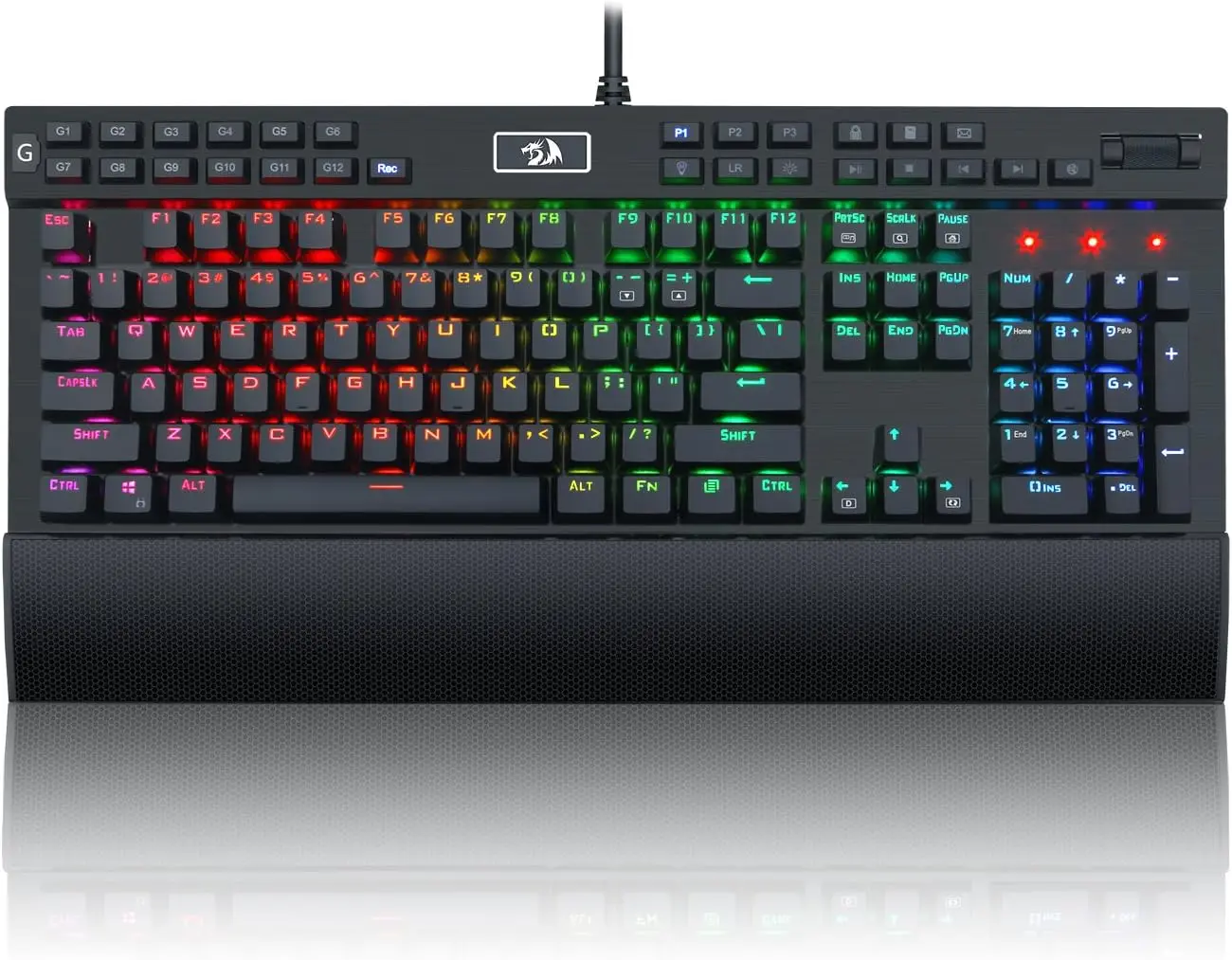 

Игровая RGB-клавиатура с 104 клавишами, 12 программируемыми макрос-клавишами, алюминиевой верхней панелью, фиолетовыми переключателями, USB-портом и подставкой для запястий