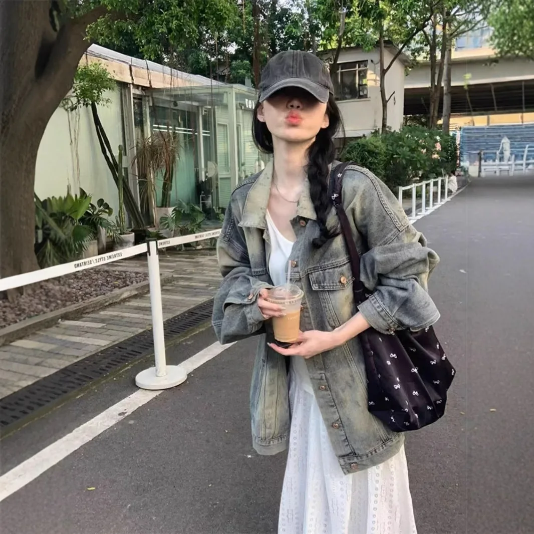 Coat Women Denim Coats Turn Down Collar Y2k Streetwear Mid Length Jackets Mom Work Casual Loose Elegant Splice Jacket 2025