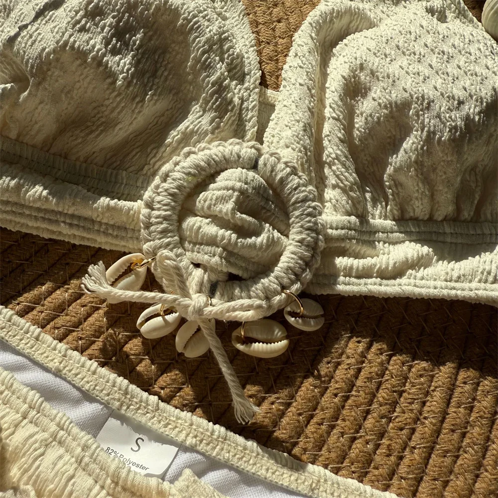 Sexy Shell Rings Bandage Swimsuit Push Up Bikini Halter Backless Swimming Suit Women Vacation Outfits Beachwear Bathing Swimwear