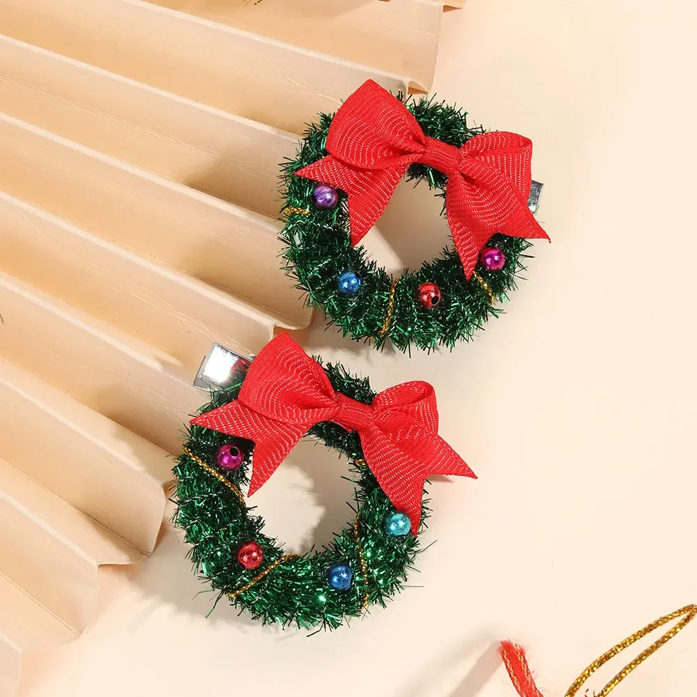 2Pcs Cartoon Santa Claus Hair Clips For Girls Christmas Garland Hairpin Kids New Year Gifts Ribbon Bowknot Hairgrip Headwear