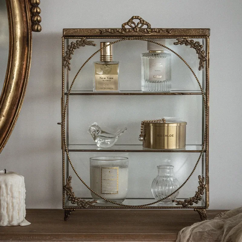 Brass Handmade Transparent Glass Display Case French Metal Tabletop Jewelry Display Rack