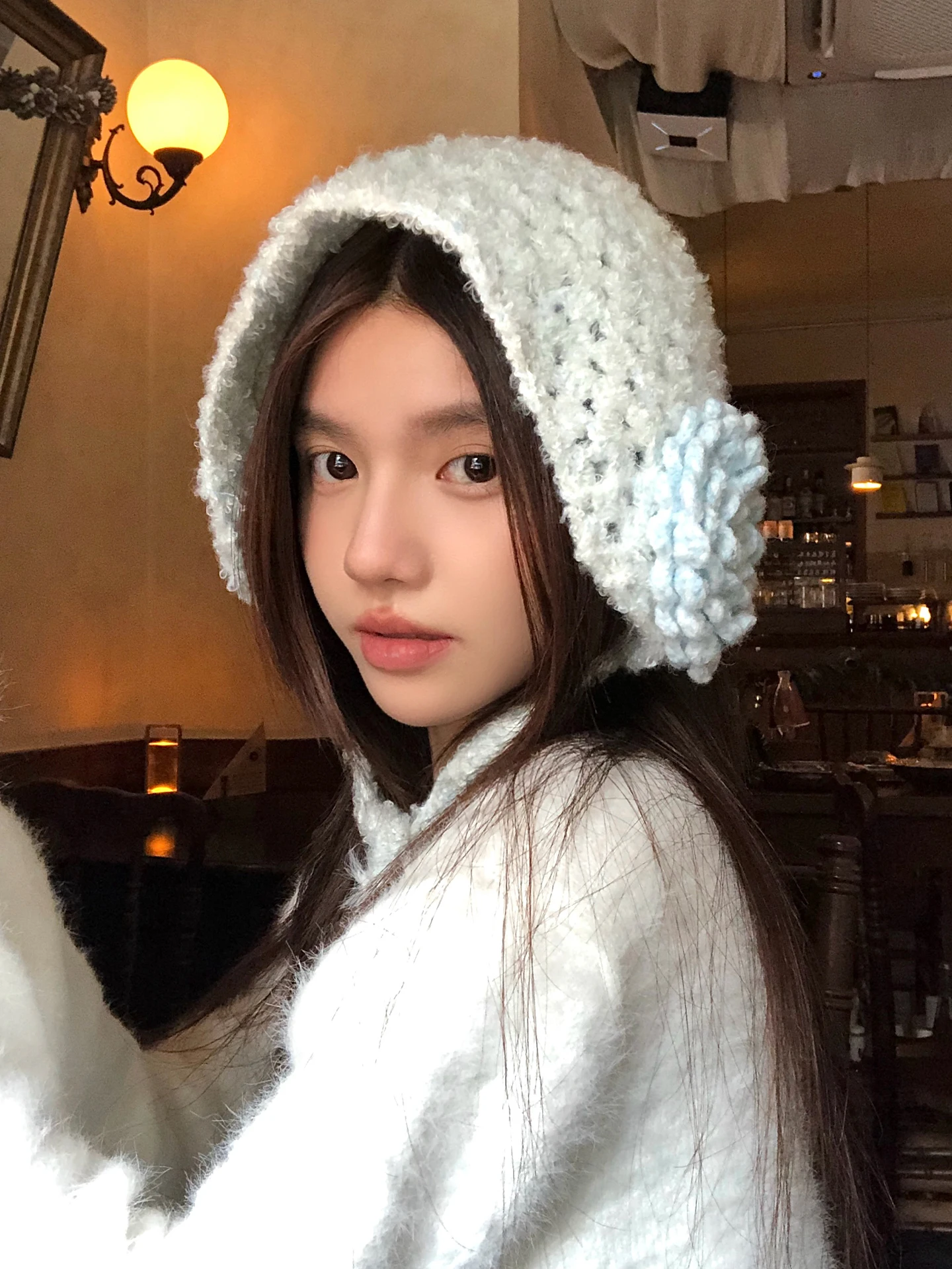 韓国スタイルの甘いかわいい-3d-花ニット手作りイヤーマフ女性の秋冬ファッション写真撮影暖かい帽子耳カバー