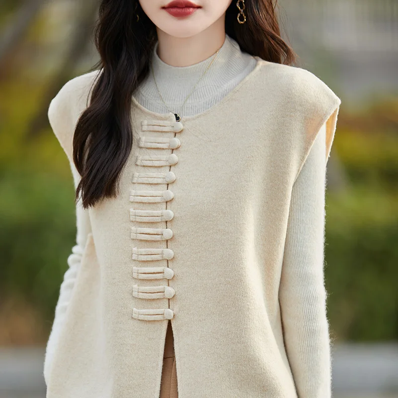 

Autumn and Winter 25 New Women's 100% Wool O-neck Vest Solid Color Knitted Fashion Sleeveless Cardigan Sweater Short Coat Vest