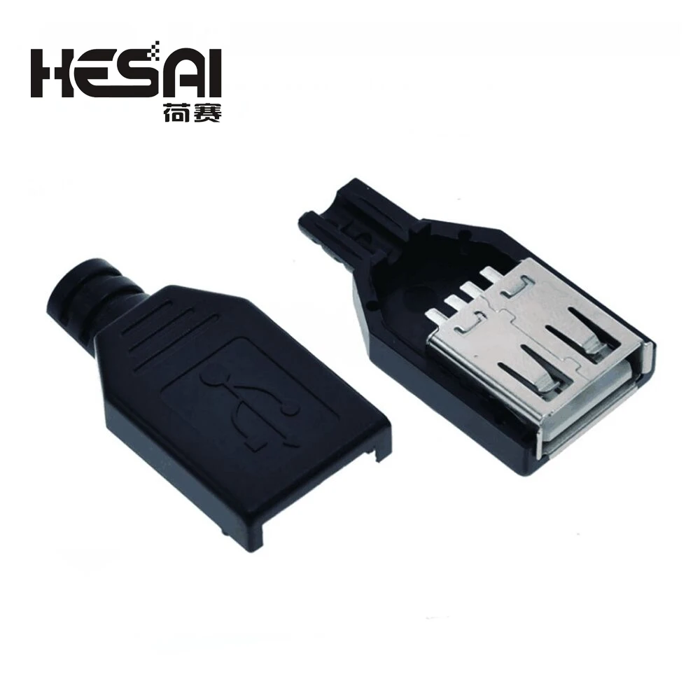 Conector USB 2.0 macho e fêmea com tampa de plástico preto, 4 pinos Plug, adaptador, Kit DIY, tipo A, 1, 5, 10 Set