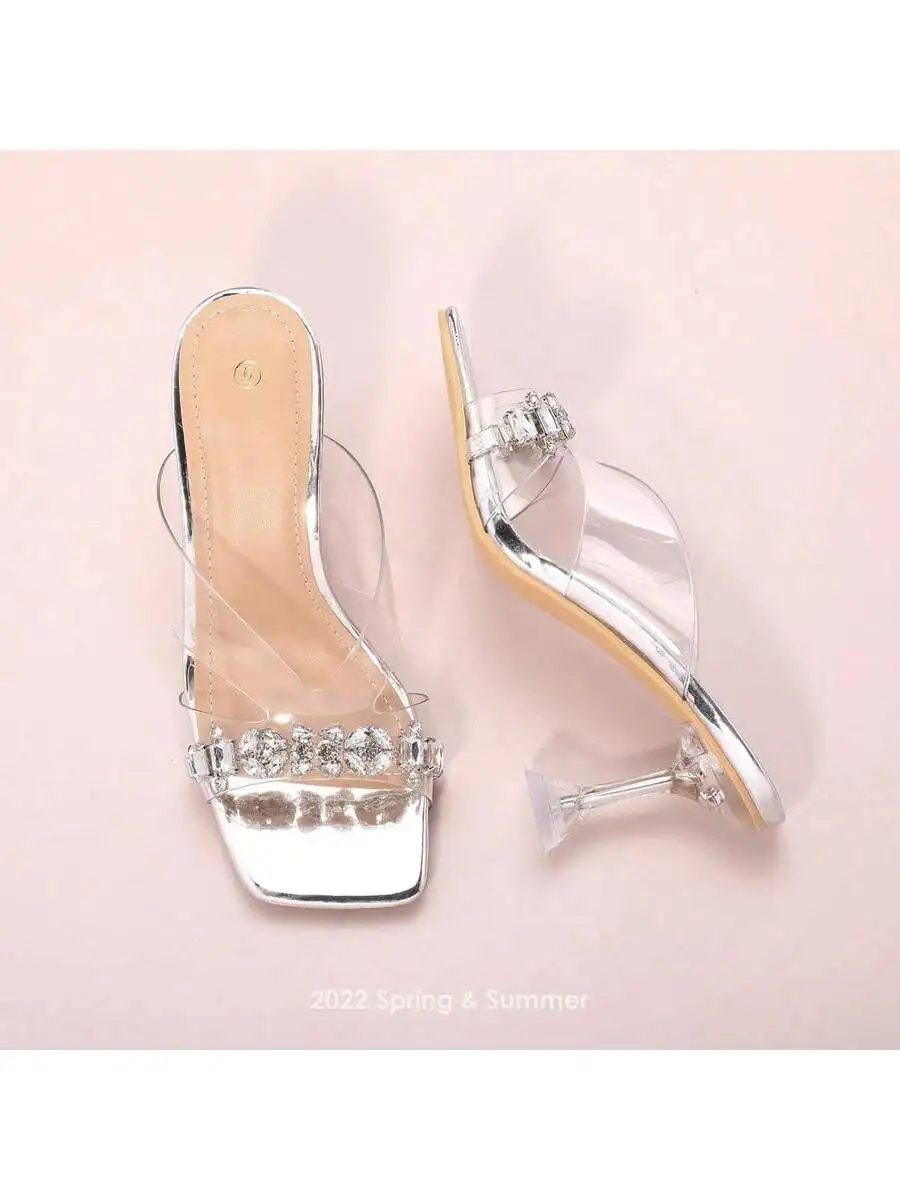 

Clear Heeled Mules Square Toe Transparent Stiletto Slip On Dress Sandals