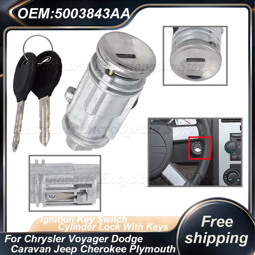 For Chrysler Voyager Dodge Caravan Jeep Cherokee Plymouth Ignition Key Switch Cylinder Lock With Keys 5003843AA 5003843AB