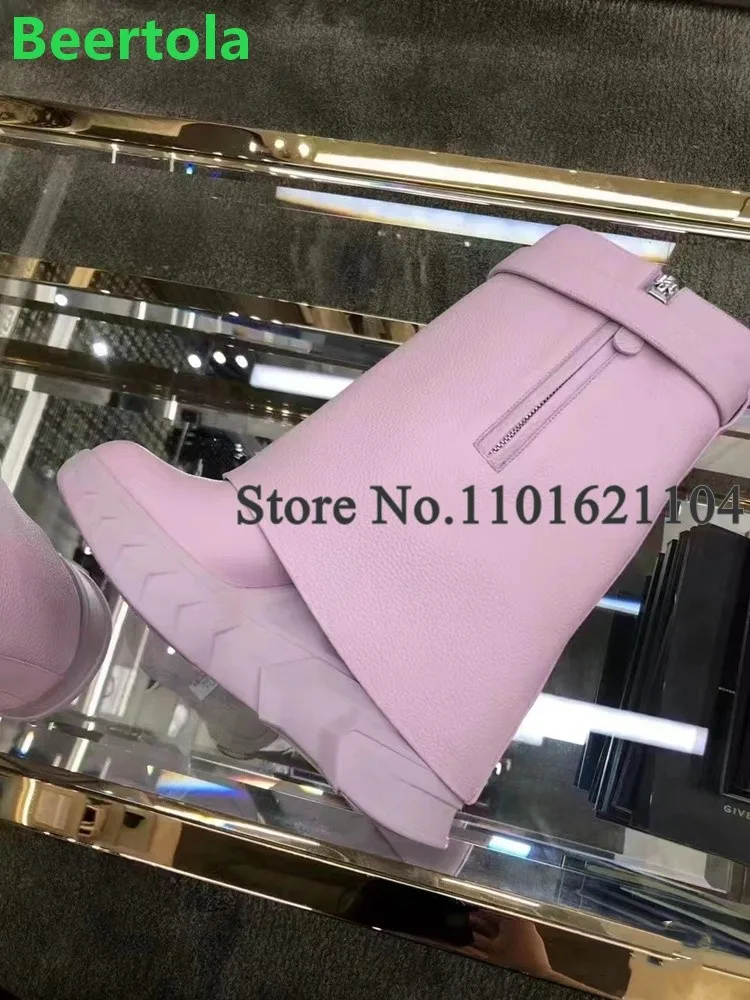 Thick Sole Lock Luxury Design Shark Boots For Female 2024 New Round Toe Mid-calf Fashion Runway All-match Hot Sale Shoes