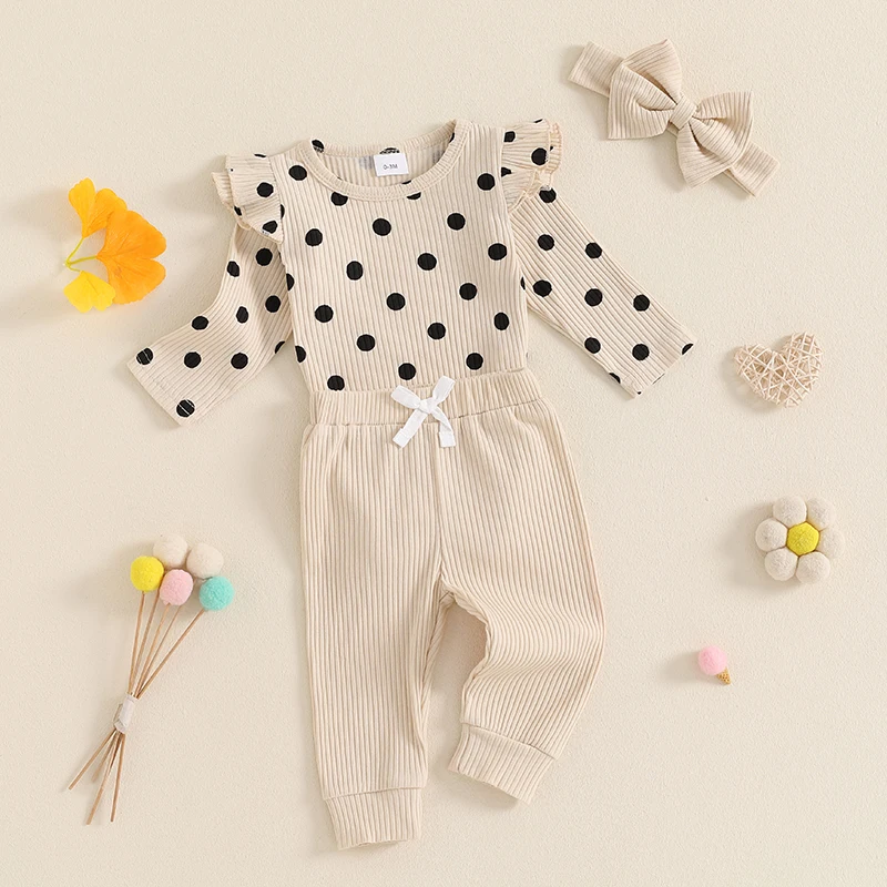 Baby Clothing Girls Fall Outfit Long Sleeve Dots Print Romper with Pants and Bowknot Headband Newborn Clothes Set