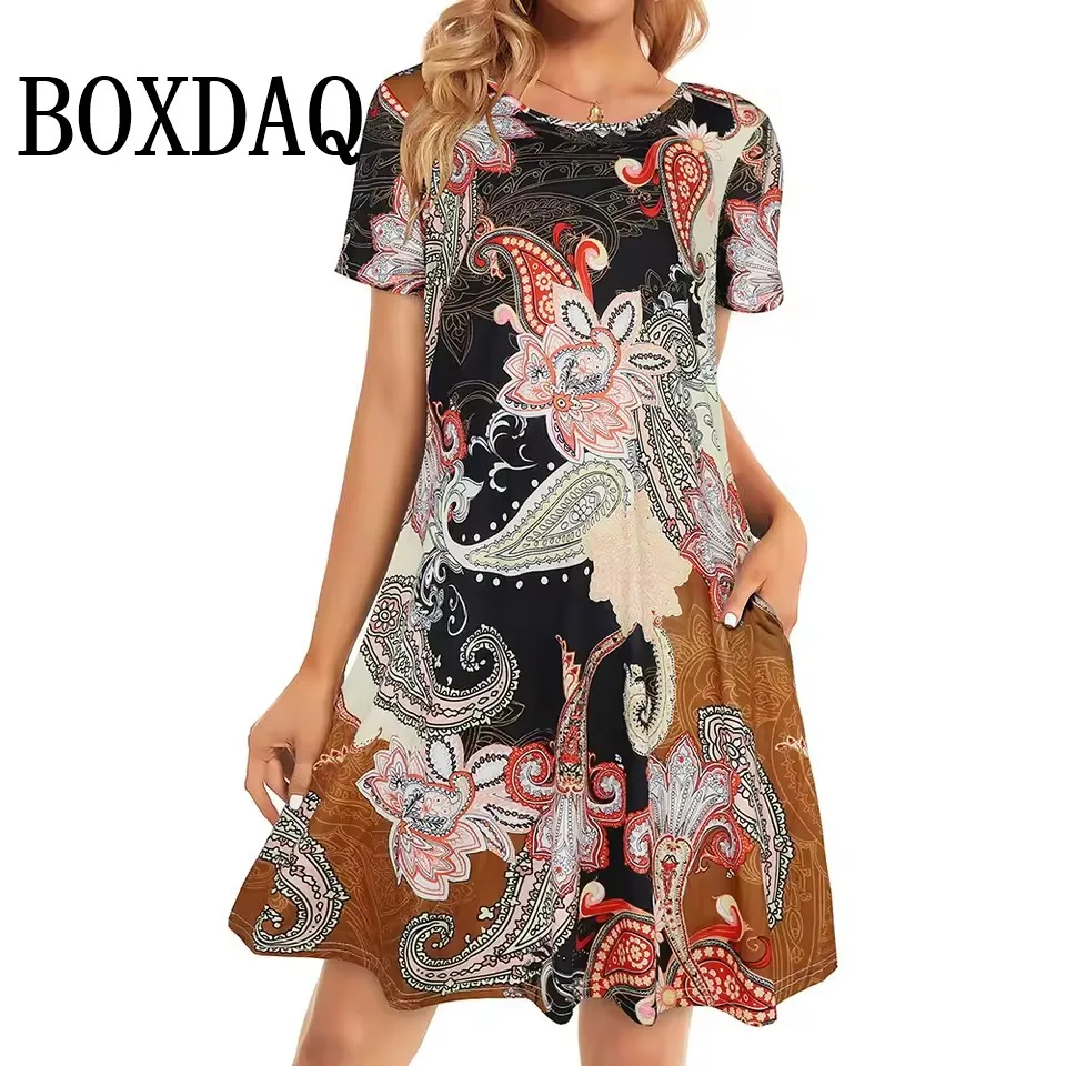 Summer Casual Dress Women Fashion O-Neck Loose Retro Flowers Printed Dress Elegant Vacation Short Sleeve A-Line Dresses Female