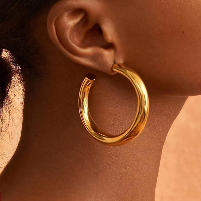 New Hollow Thick Loop Large Circle Hoop Earrings Women Classic Gold Color Round Ring Piercing Earring Fashion Jewelry