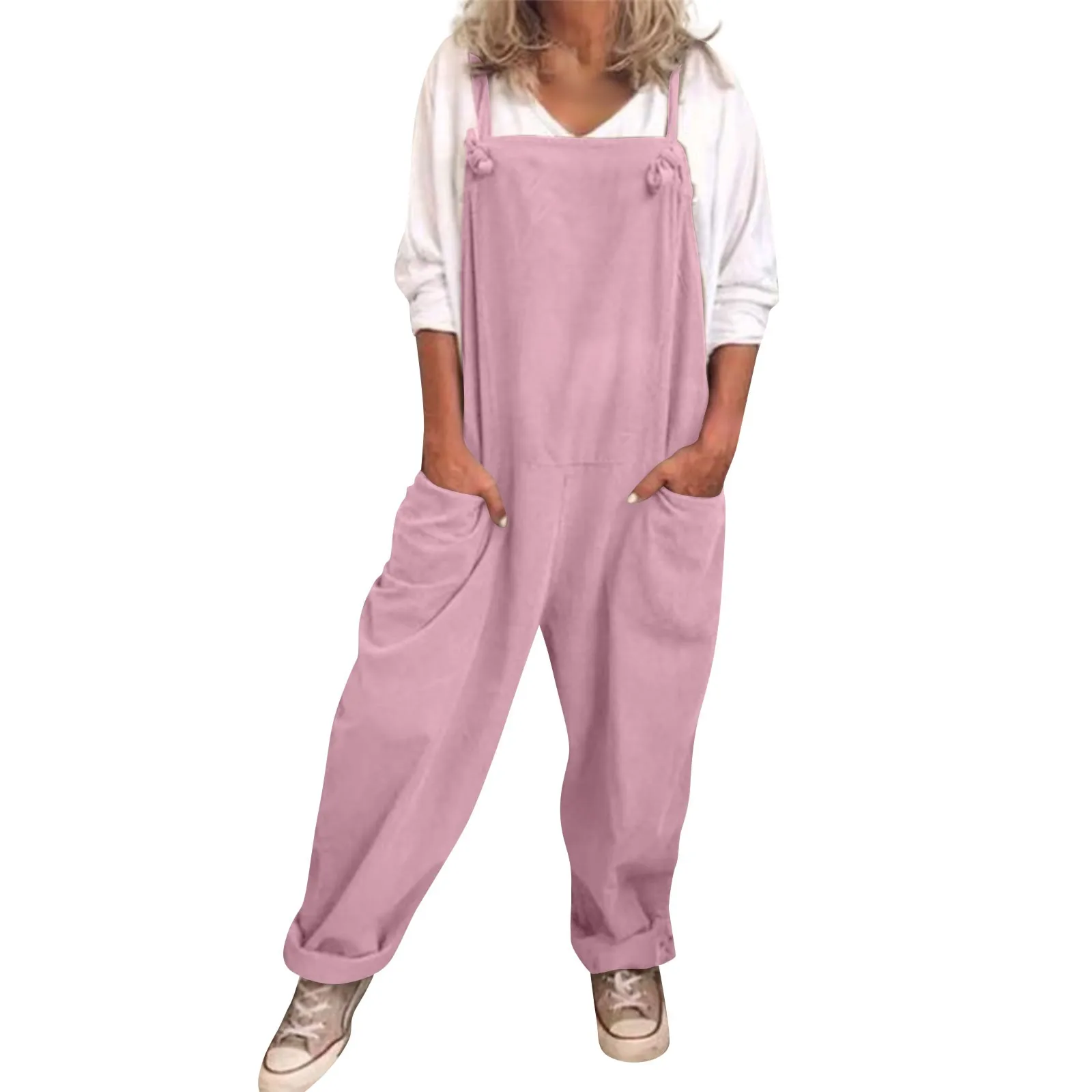 จั๊มสูทลำลองทรงหลวมใส่สบายสำหรับผู้หญิงขนาดใหญ่พิเศษชุดติดกันสไตล์คาร์โก้แบบมีสายผูก