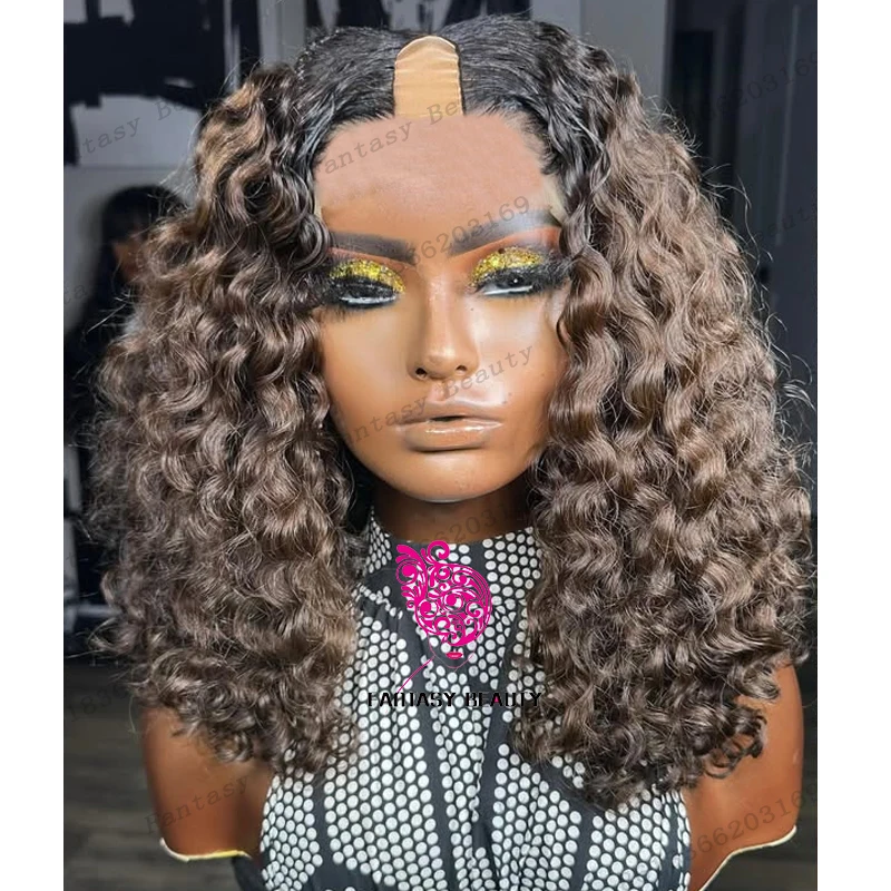 

Black Women Loose Curly Indian Human Hair 1x4 Opeing U Part Wigs Ombre Ash Brown Glueless Natural Remy Hair V Part Wig Full Ends