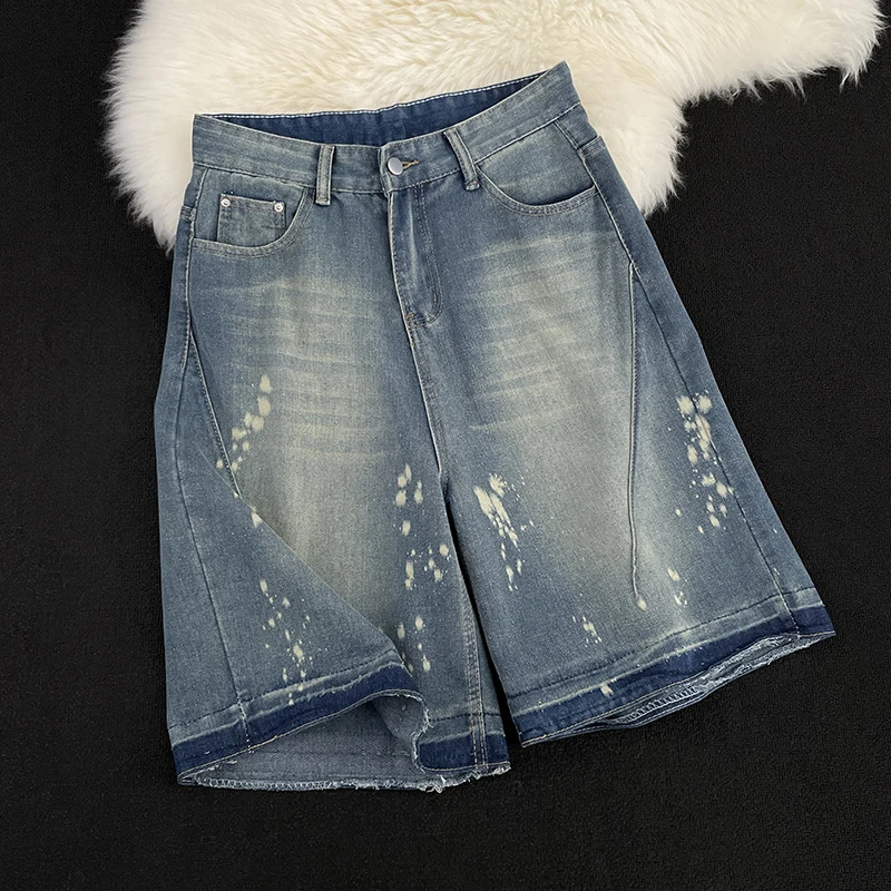 

Летние тонкие джинсовые шорты, мужские новые американские ретро уличные брюки на молнии длиной до колена, повседневные свободные трендовые универсальные брюки