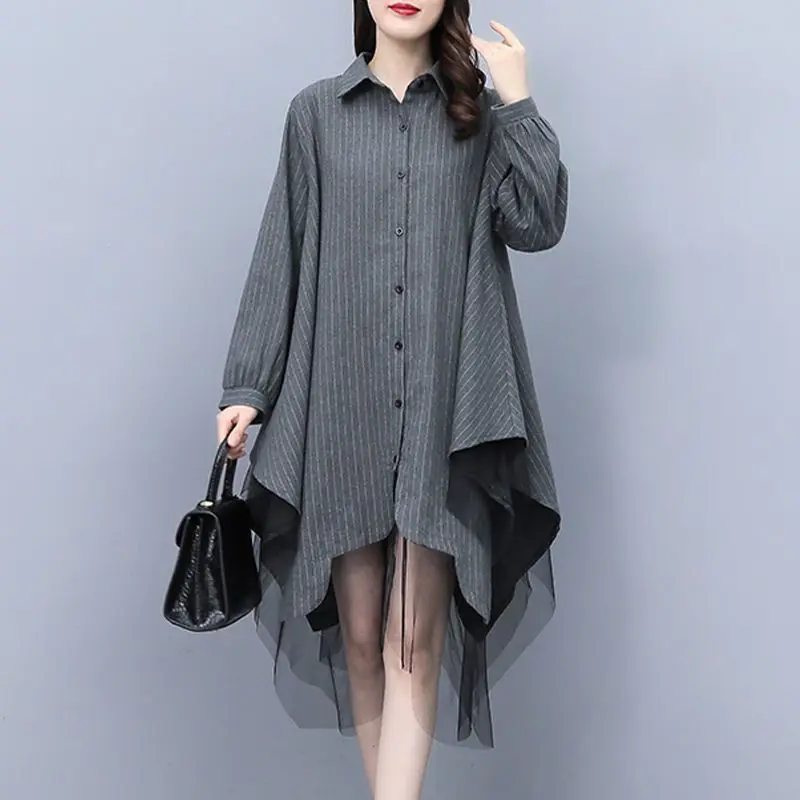 2024 Autumn Winter New Women\'s Polo-Neck Button Spliced Gauze Irregular Blouse Elegant Loose Commuter Long Sleeve Shirt Tops