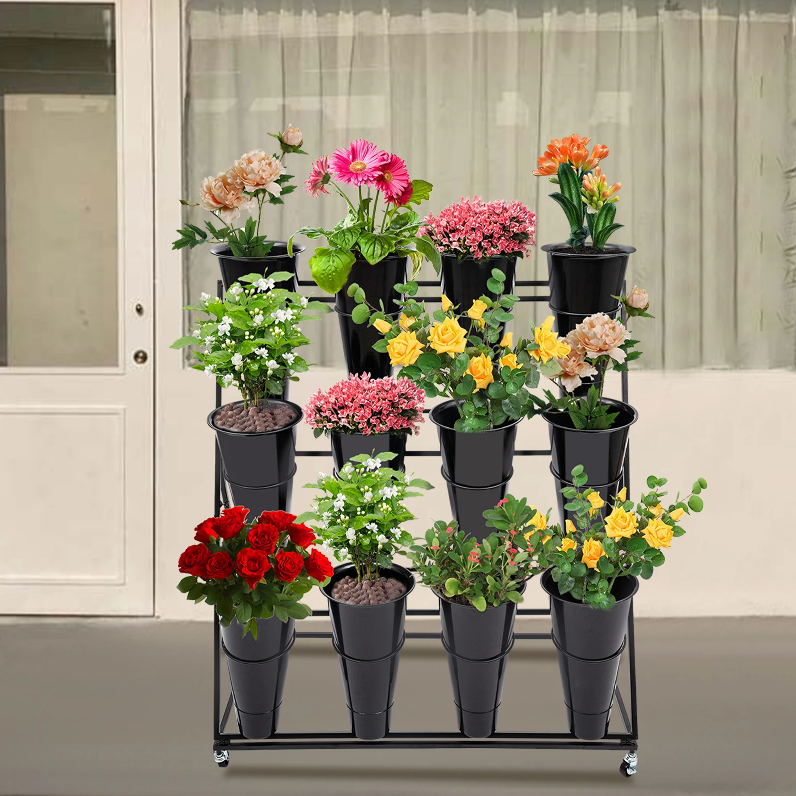 100CM Flower Display Stand with 12 Flower Buckets 3 Layers Garden Plant Flower Storage Organize Rack