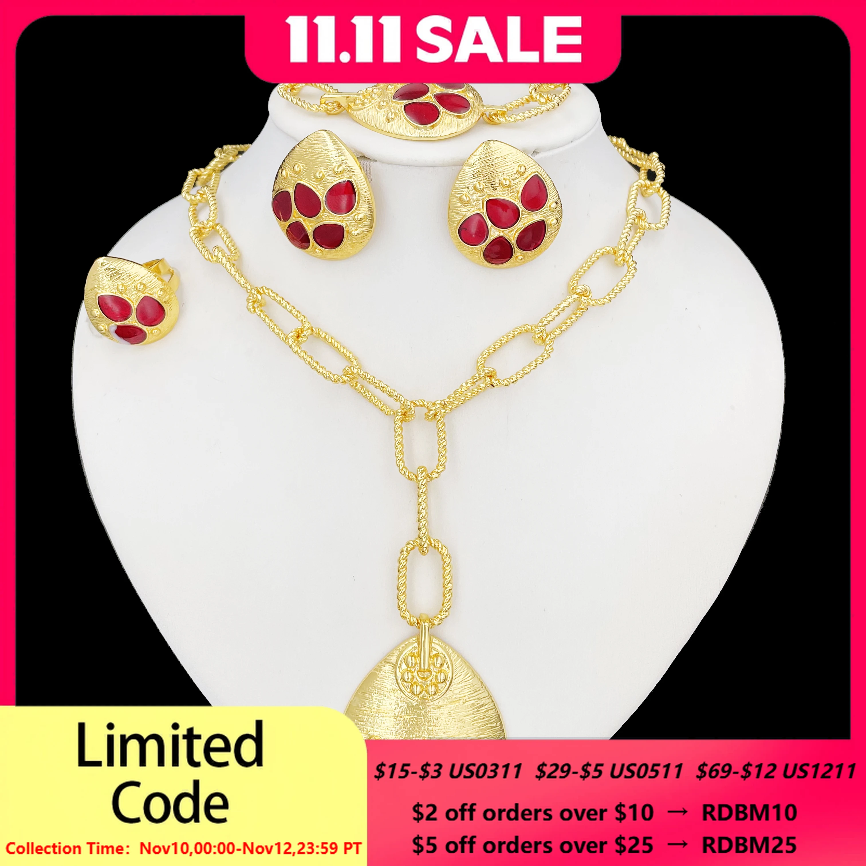 

Women Jewelry Set Latest Design Gold Plated Long Pendant Necklace Earrings Bracelet And Ring Full Set Jewelry Party Trending