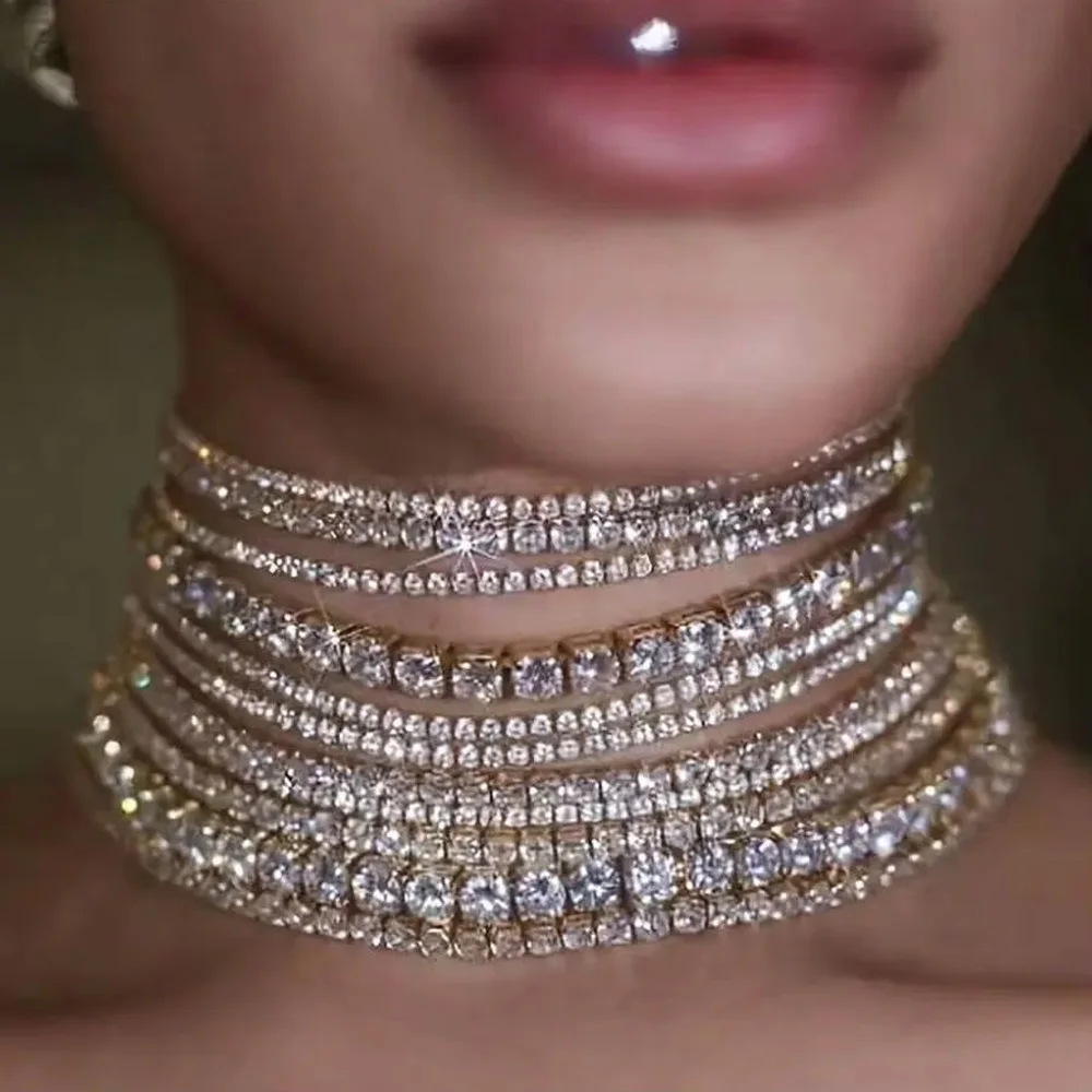 Modische mehrschichtige glänzende Drag Queen Halskette Schmuck Halskette für Frauen Hochzeit Strass Halsband – Detail 1