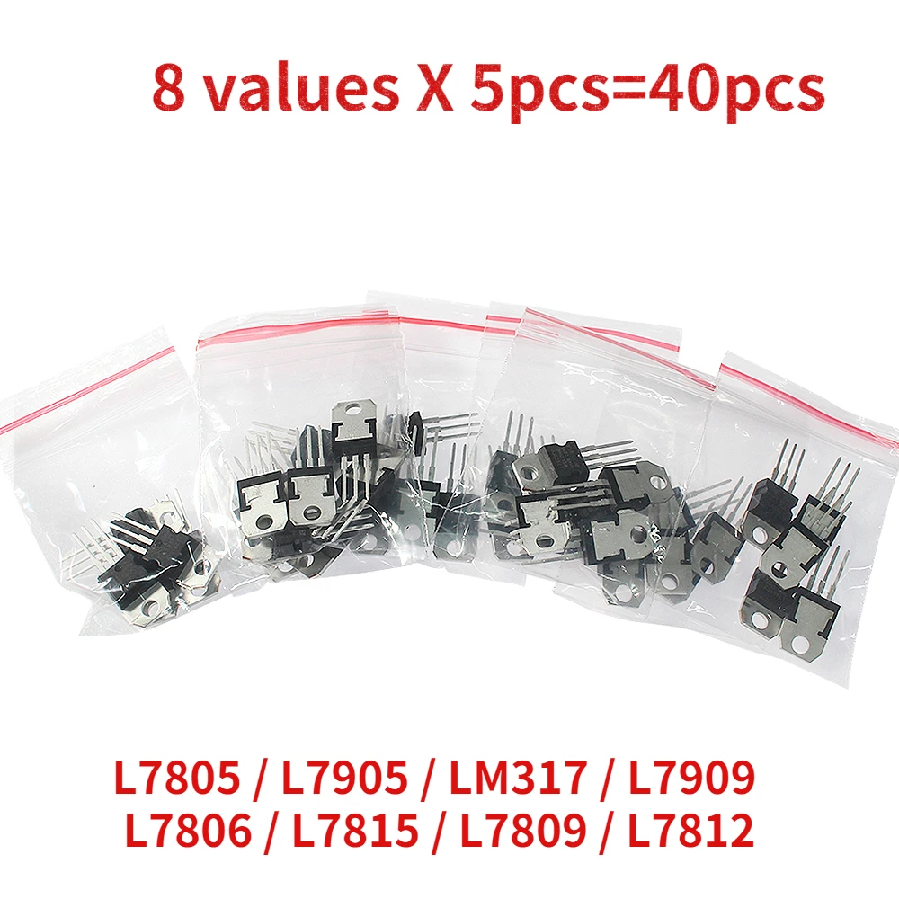 

40pcs/lot L7805 L7905 LM317 L7909 L7806 L7815 L7809 L7812 TO-220 Voltage Regulators IC Chip Transistor Assorted Kit