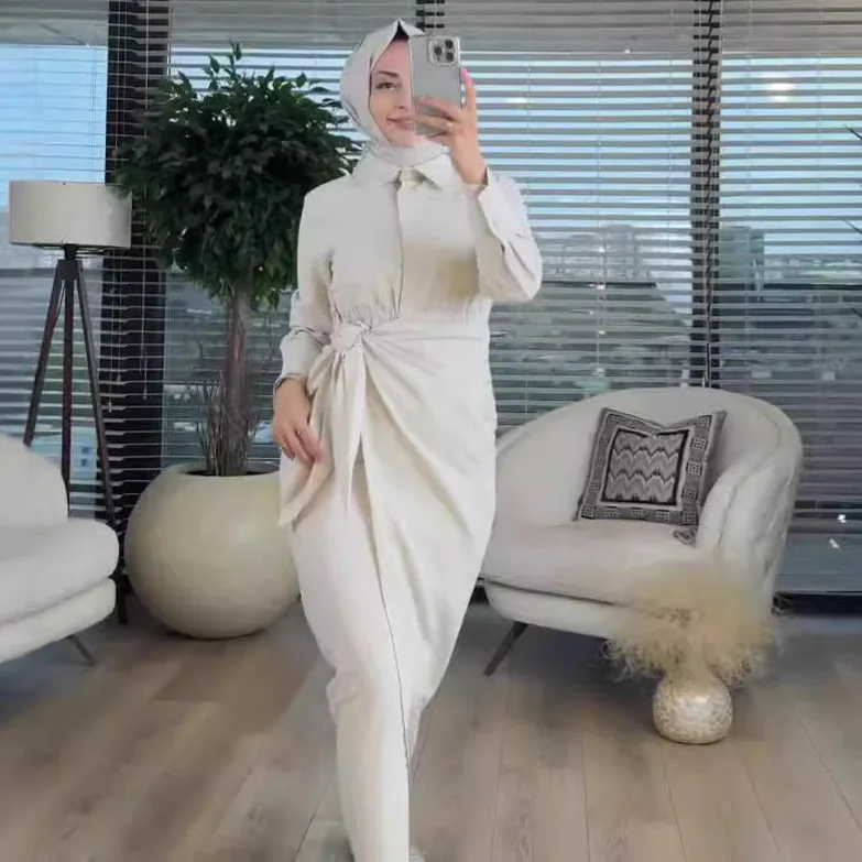 فساتين نسائية ضيقة الخصر قابلة للطي بأربطة بقصة ضيقة وأكمام طويلة فستان سادة بياقة مقلوبة مقسمة مستقيمة فيستدوس عتيقة 2025