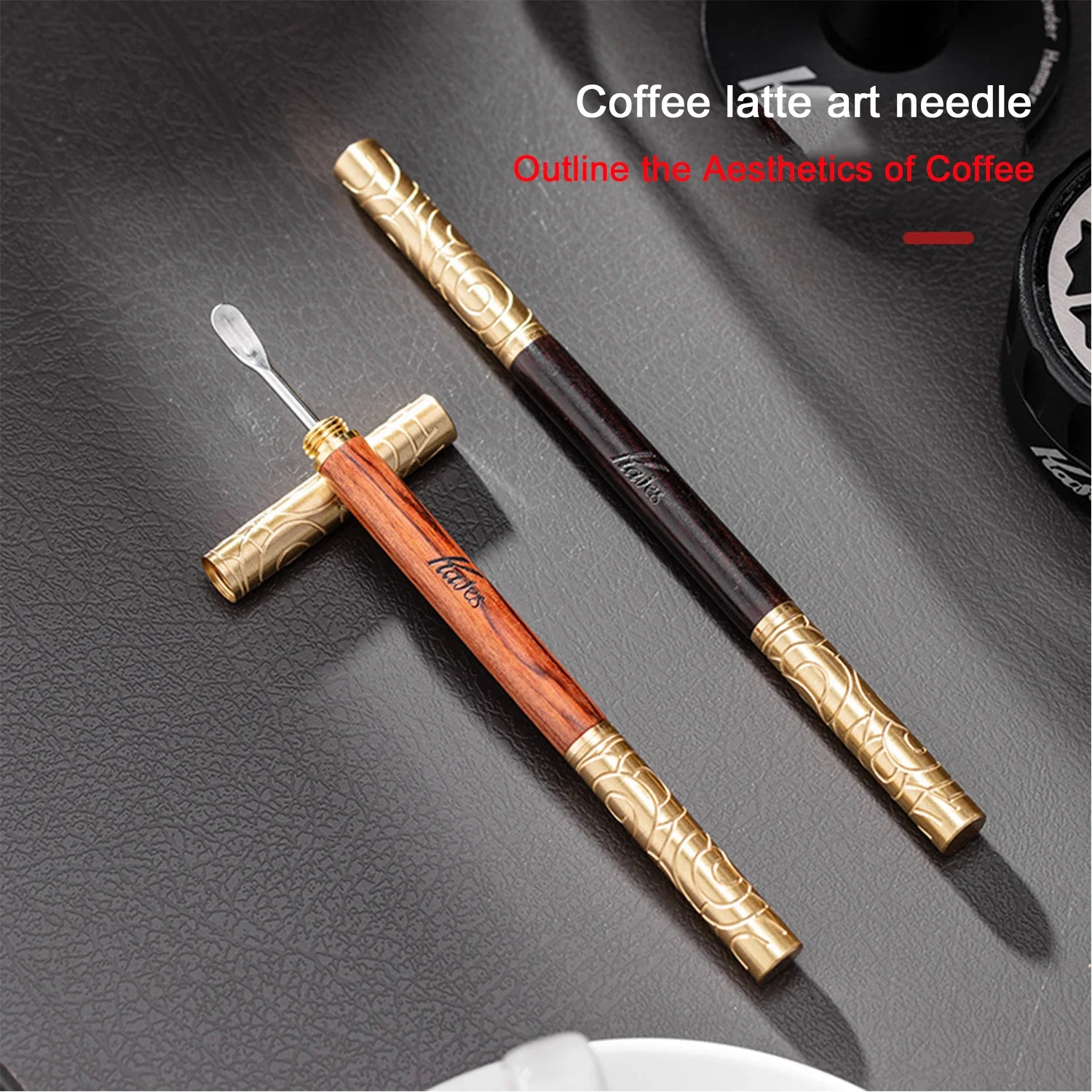 

Monkey King Cudgel Design Dual-Tip with Caps Seamless Stainless Steel Coffee Art Tool Non-Slip Wooden Grip Latte Needle