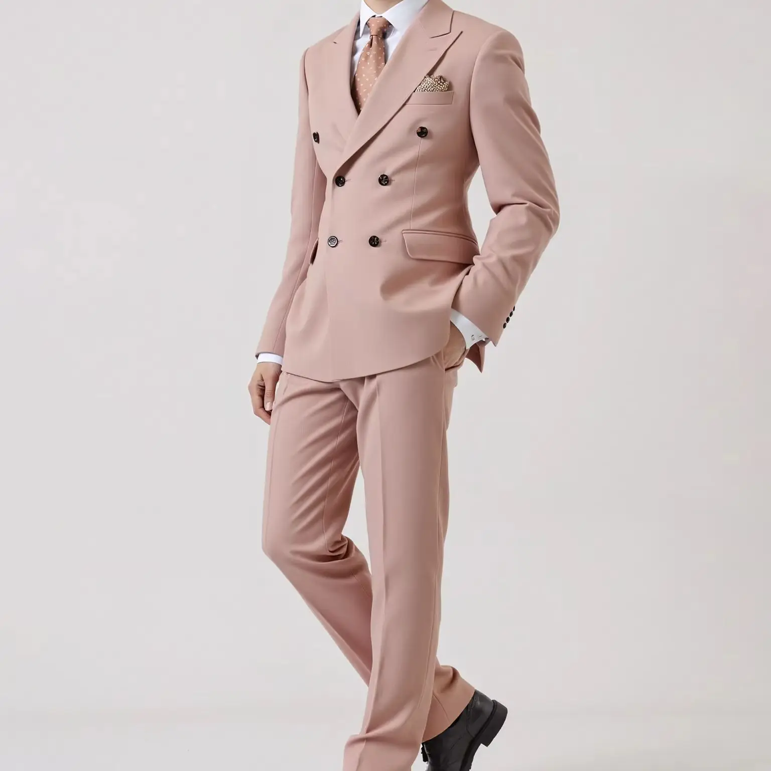 Traje de Lujo para Hombre, Color Rosa Malva Sólido, 2 Piezas, Blazer Cruzado con Solapa de Pico y Pantalones, Conjunto Elegante para Boda o Noche, con Pañuelo de Bolsillo Gratis