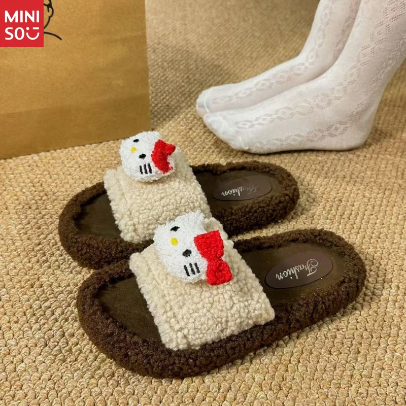 

Женские плюшевые тапочки Miniso 2025, домашняя обувь на нескользящей платформе на зиму