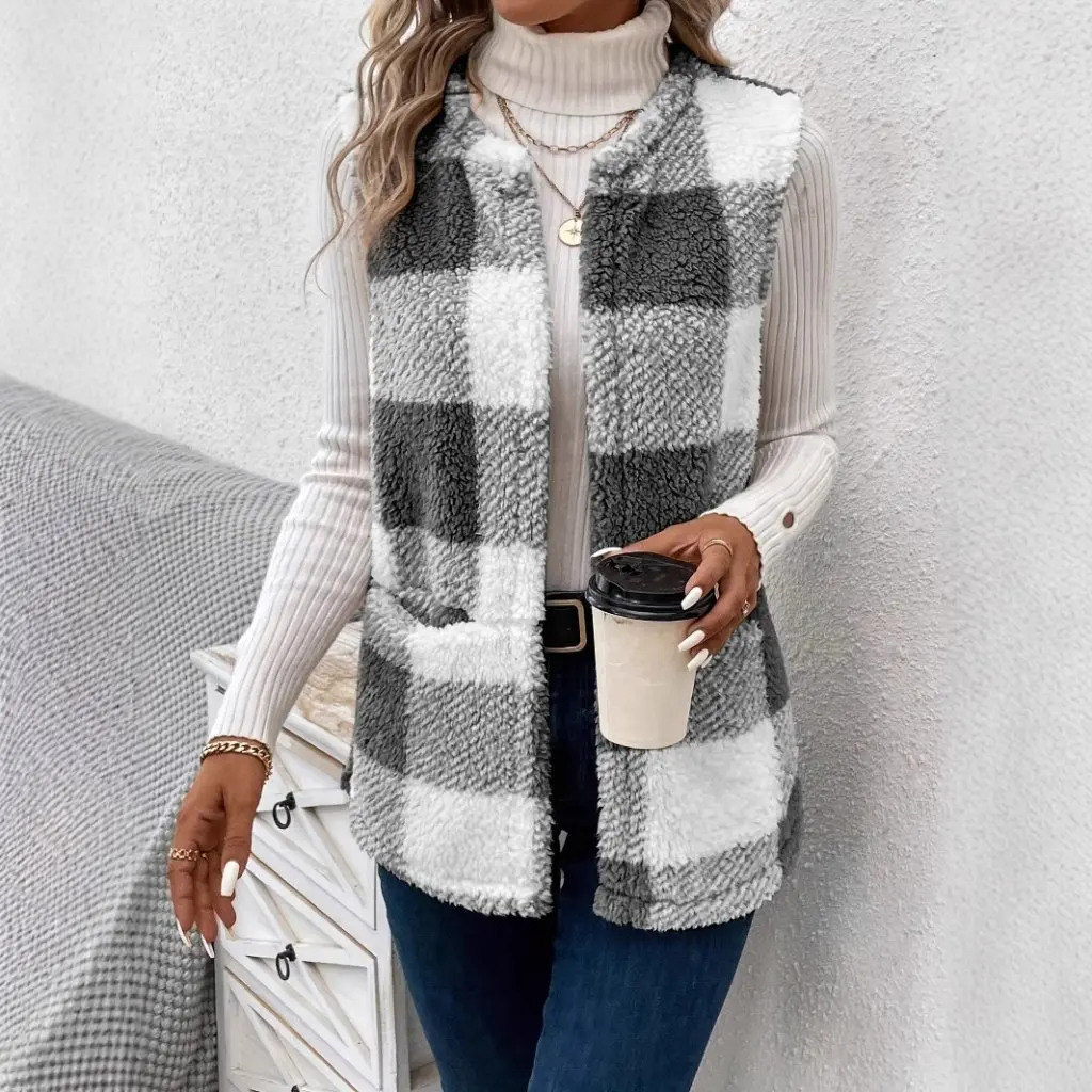 

New Ladies Loose Check Cardigan Fashionable European American Style Coat for Women S8081 in Stock for Trade