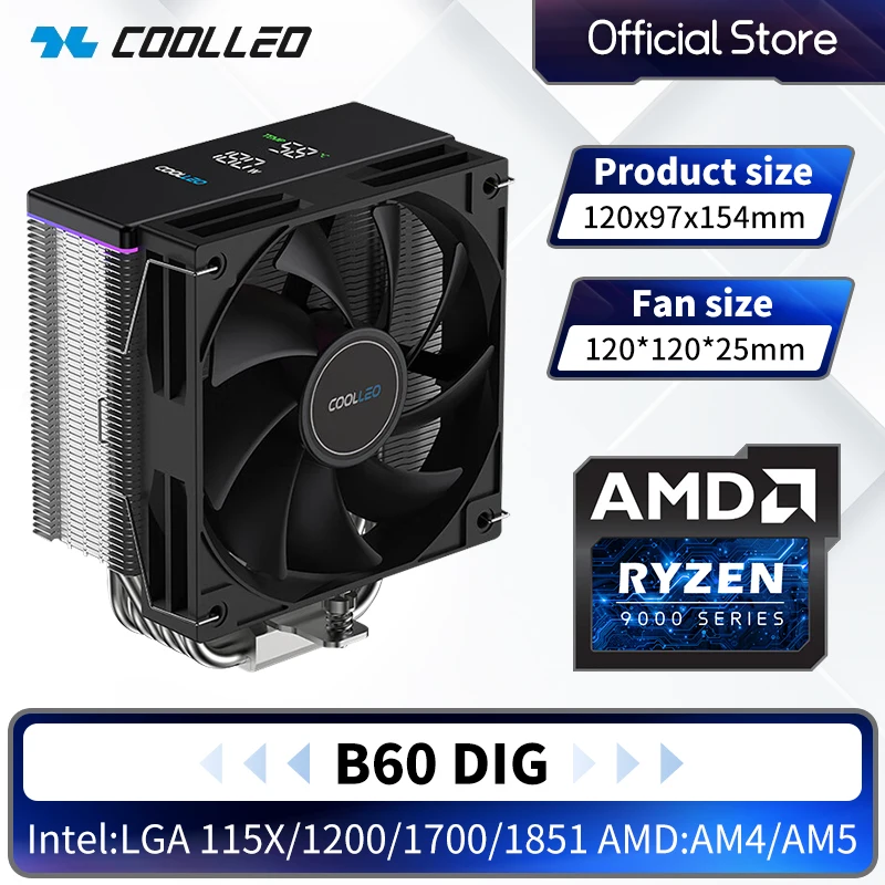 

COOLLEO B60 DIG 6 Heat Pipes Tower CPU Cooler with Digital Display Anti-Gravity for LGA115X 1700 1851/AMD AM4 AM5 ARGB PC Fan