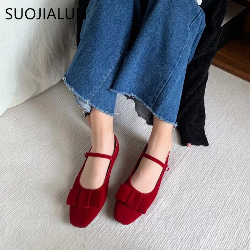 SUOJIALUN 2024 Spring New Women Flat Shoes Fashion Red Bow-knot Ladies Elegant Ballerinas Shoes Round Toe Dress Mary Jane Shoes