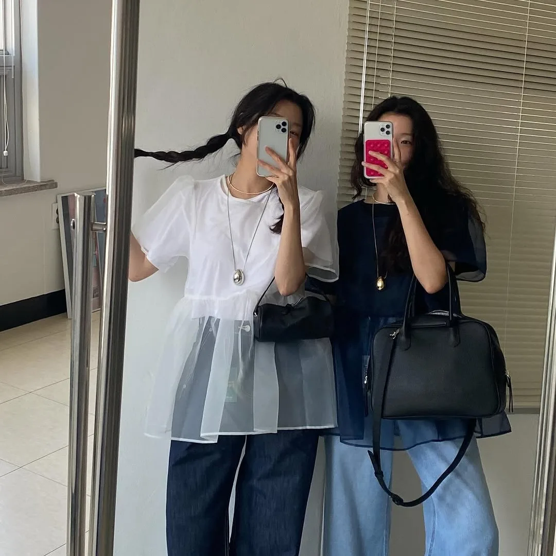 Two-Tone round Neck Mesh Cover up Top with Back Strap Loose Fit Short Sleeve Women's Shirt Versatile Style Summer Collection