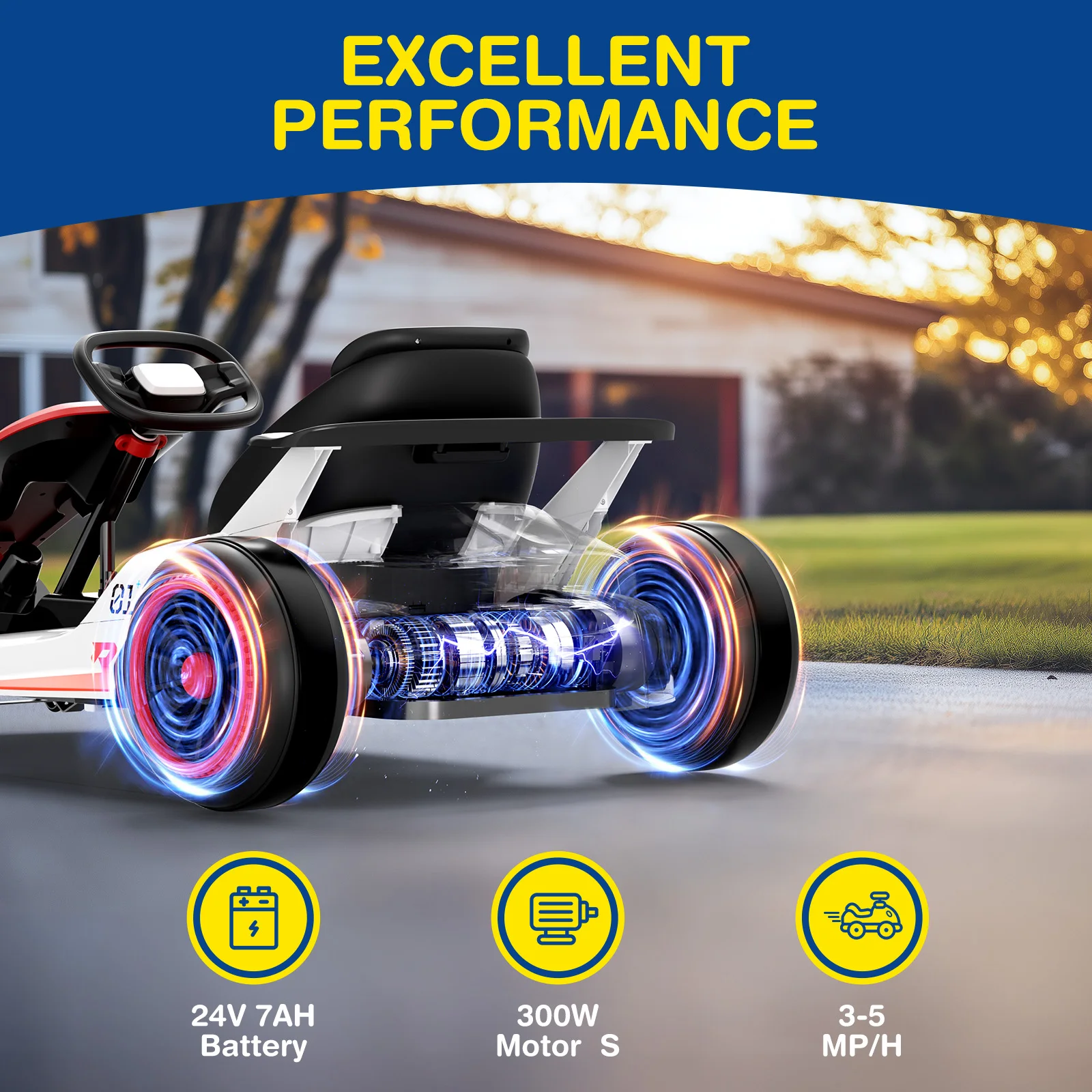 Elektryczny gokart driftowy LIGIANT 300W, 2-biegowy, akumulator 7Ah, soft start, bezprzewodowa muzyka, pas bezpieczeństwa 5-punktowy dla starszych dzieci