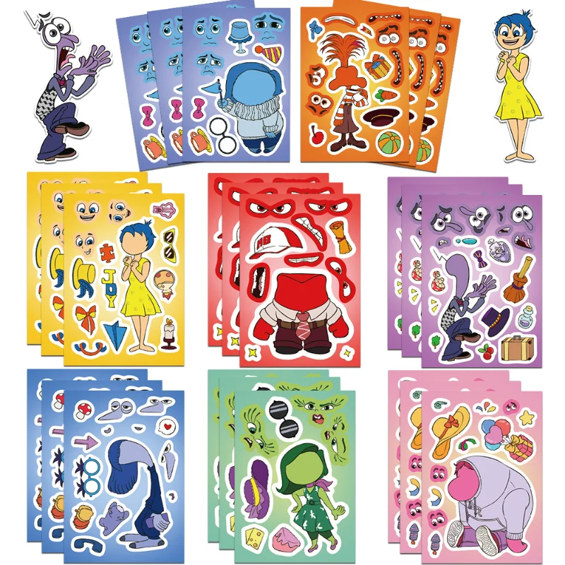 8 Sheets Disney Inside Out 2 Make A Face Sticker Anime Puzzle Sticker DIY Phone Laptop Luggage Skateboard Graffiti Decals Toys