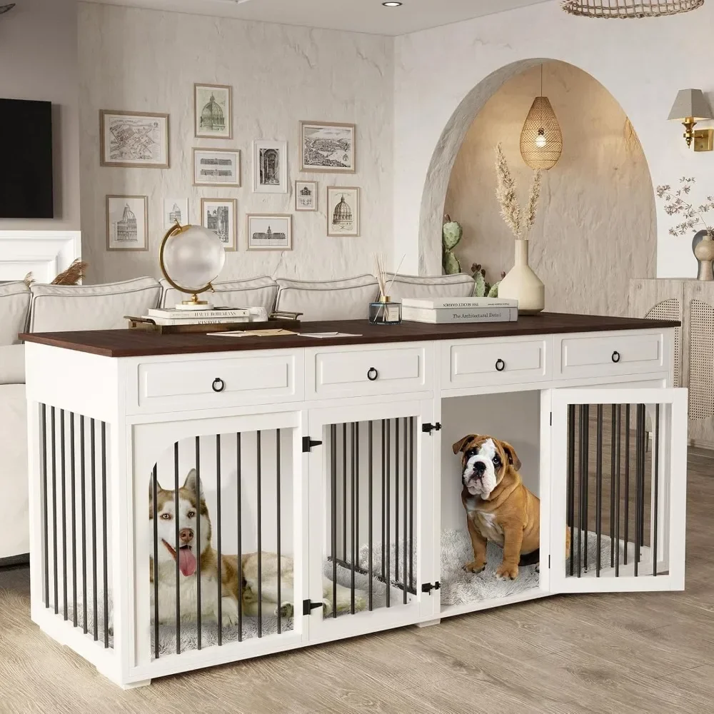 

86.6" Dog Crate Furniture for 2 Dogs, Wooden Double Dog Kennel Furniture with Divider & 4 Drawers for Medium Large Breed Dogs