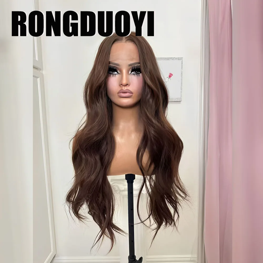 RONGDUOYI Brown Hair Body Wave Synthetic Wig 13×4 Deep Lace Front Wigs Chocolate Brown Daily Wig for Woman Makeup Use Fiber Hair