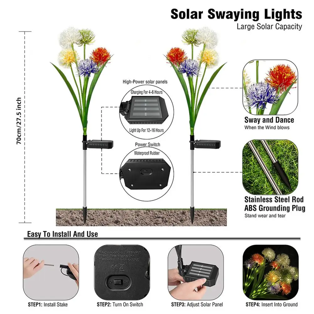 Outdoor Solar Dandelons Flores Luzes, impermeável, automático ligar e desligar, Jardim, Quintal Decoração, Ip65