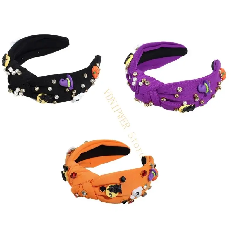

Halloween Wide Headband With Adjustable Fabric Pumpkin Witch Bat Design For Costume Parties Role Play D08E