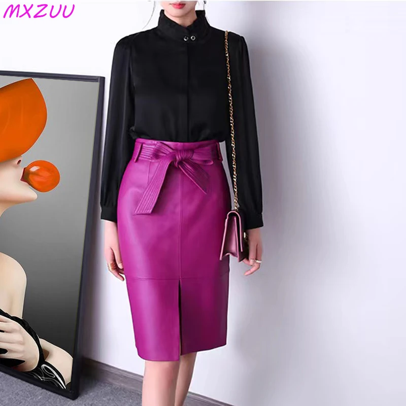 Fashion Multicolor One Step Skirt Women Genuine Leather Bow Belt Hip Wrap Fladas Mujer Sheepskin High Waist Slit Slim Jupe Midi