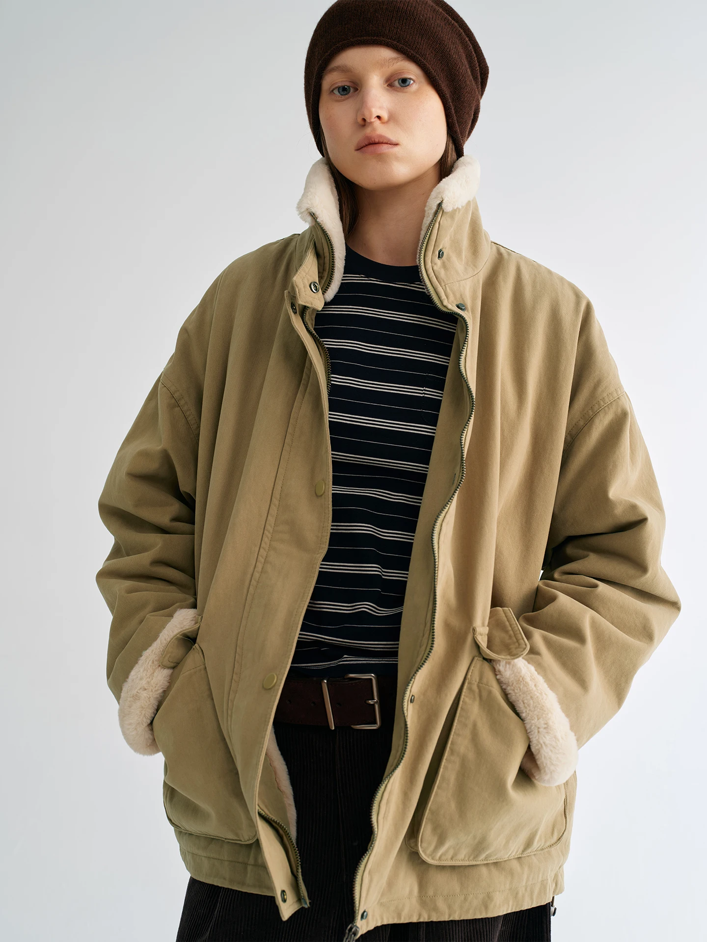 

Goffrid Double-Sided Structure Waed Inner Furry Warm Mid-Length Khaki Faux Fur Coat Women's Casual Sle Long Sve Zipper