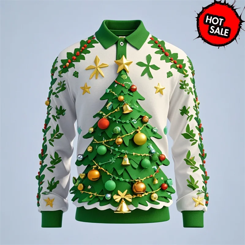 New In 3D Print Christmas Tree Graphic Long Sleeve Polo Shirt For Mens Clothes Casual Fashion Santa Claus Button Polo T-shirt