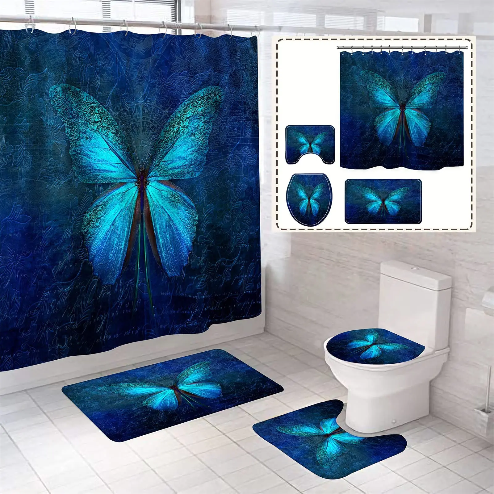 

Big Butterfly Beautiful Polyester Shower Curtain Set Bathroom Set Waterproof Curtains Bath Mat Set Toilet Lid Cover 4 Pcs Decor